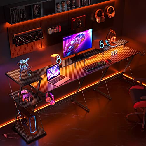 Seven Warrior L Shaped Gaming Desk With Led Lights & Power Outlets, 58”Reversible Computer Desk With Storage Shelf & Monitor Stand, Corner Desk With Cup Holder, Gaming Table With Headphone Hook, Black #TOP3