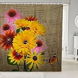 Farbenfrohe BlumenDuschvorhang Anti-Schimmel Vintage Brief mit Schmetterling Duschvorhäng Wasserabweisend Rustikal im französischen Stil Waschbar Duschvorhänge aus Polyester Badvorhang,180x180cm