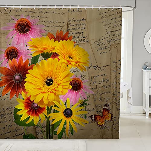 Farbenfrohe BlumenDuschvorhang Anti-Schimmel Vintage Brief mit Schmetterling Duschvorhäng Wasserabweisend Rustikal im französischen Stil Waschbar Duschvorhänge aus Polyester Badvorhang,180x180cm