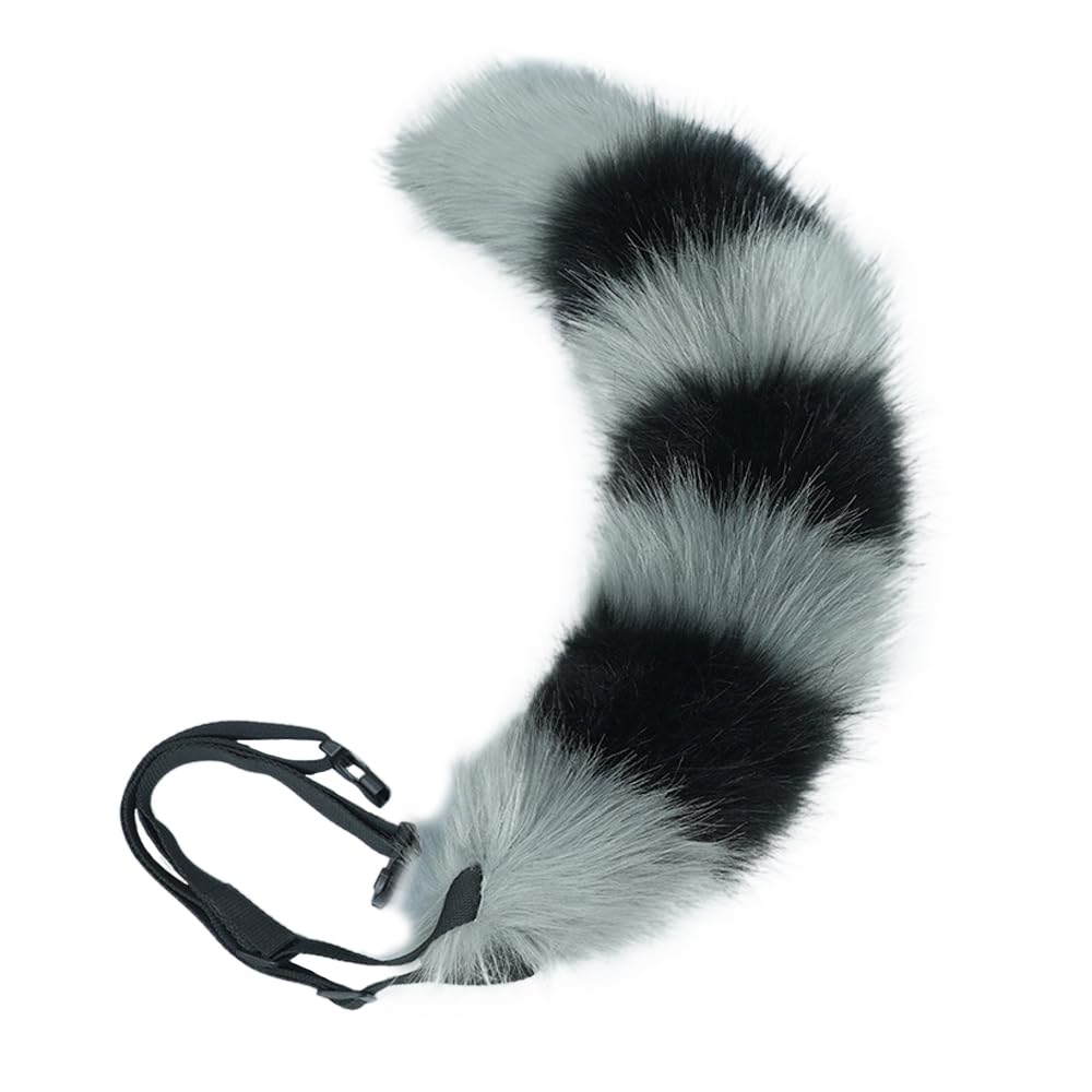 ILUFAM Faux Fur Striped Wolf Fox Tail 60cm Furry Animal Tail For Halloween Party Costume Accessories Cosplay Dress Up (Grey&Black)