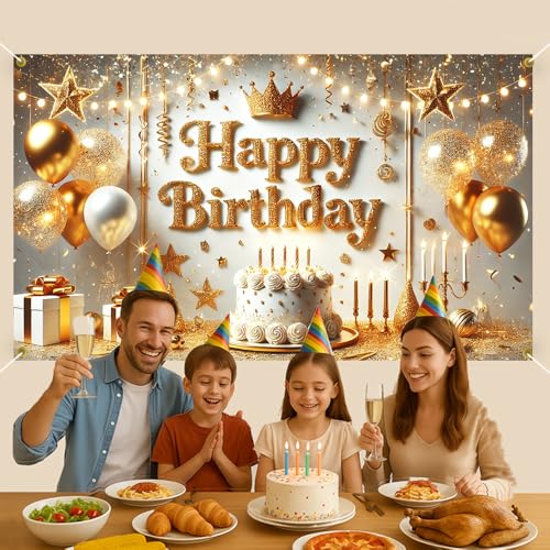 Image of Happy Birthday Backdrop Banner 70.8 x 43.3 Inch, Gold Crown Balloon Cake Candle Glitter Elegant Party Decorations for Men Women Adults, Luxury Photo Booth Background with Hanging Rope