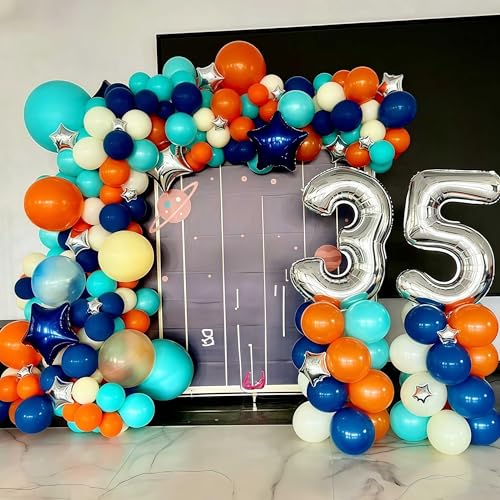 Image of Blue Orange Balloons, 12 Inch Teal Navy Bule Balloons with Metallic Silver Balloon for Kids Boys Girls Birthday Thanksgiving Fall Graduation Basketball Outer Space Astronaut Theme Party Decorations