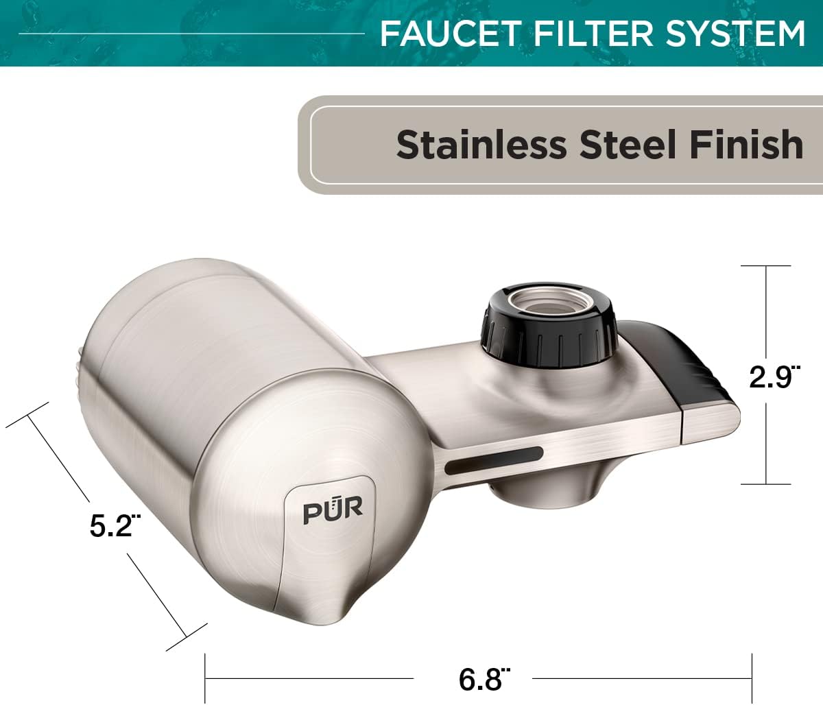PUR PLUS Horizontal Faucet Mount Water Filtration System, 3-in-1 Lead Reducing Filter for Great-Tasting Filtered Tap Water, Lasts 100 Gallons, Fits Most Kitchen or Bathroom Faucets, Stainless Steel