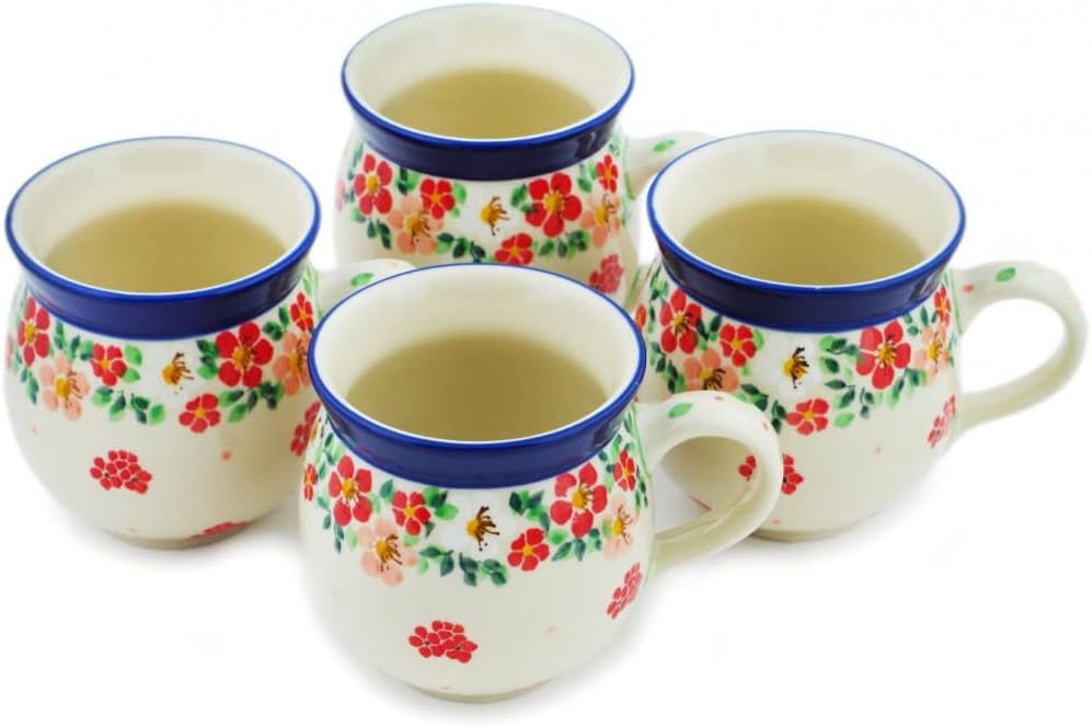 Polmedia Polish Pottery Set of Four 12 oz Bubble Mugs 12 oz UNIKAT - Rosey Starburst Poppy Pattern Handmade in Boleslawiec Poland by Ceramika Artystyczna + Certificate of Authenticity
