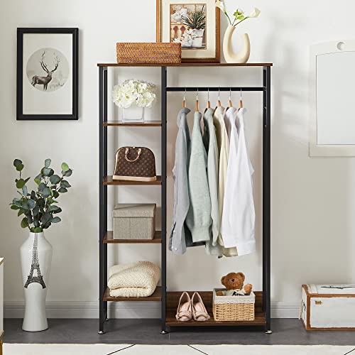 Vecelo Free-Standing Heavy Duty Vintage Closet/Storage Organizer For Bedroom Clothes Garment Rack With Shelves And Hanging Rod, Dark Brown #TOP3