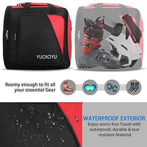 YUOIOYU Waterproof Ski Boot Bag Snowboard Boot Bag 2 Carry Ways Compact Lightweight Travel Skiing Luggage for Helmets, Gear, Globes, Goggles,Outerwear with Venting, Red - Thumbnail 3