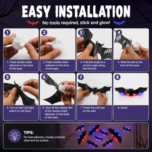 Halloween Bats Wall Decor- 12 Pack 3D Glowing Bat Stickers, Horror Decor with Flickering Bats Stickers for Window, Bedroom, Fireplace Mantel, Haunted House Prop, Removable & Damage-Free Wall Clings - image 4