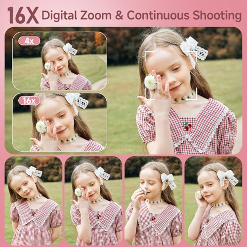 4K 64MP Digital Camera with 32GB TF Card, 3" 180° Flip Screen Autofocus Camera with 16x Zoom and Macro, Compact Rechargeable Vlogging Camera Gifts for Kids Beginners Adults Pink - Image 6