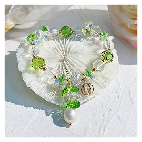 HengYun art Kristall Armband Klar/Rosa/Grün/Lila Natürliche Süßwasserperle Charm Weiß Kristall Perlen Armbänder for Frauen Sommer Modeschmuck (Metal Color : Green, Size : One Size) Cover