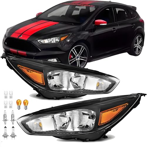 2PCS Headlight Assembly Set With Bulbs For 2015 2016 2017 2018 Ford Focus S SE ST SEL Titanium Replacement Focus Mark 3 Facelift Halogen Headlamps With Black Bezel Amber Reflector FO2502339 FO2503339
