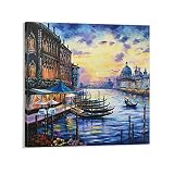 Italy Venice Oil Painting Sunset Cityscape Wall Art Blue and Yellow Grand Canal Wall Art Canvas Pain