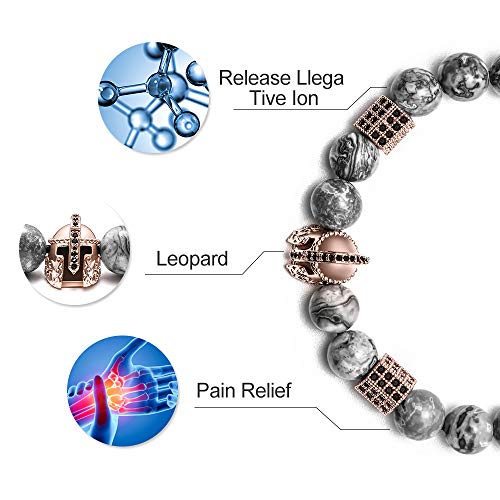 M Mooham Natural Stone Bead Bracelets - Natural Maps Stone Picasso Stone Beads Bracelet, Men Women Stress Relief Yoga Beads Elastic Semi-Precious Stone Bracelet Knight Head Charm Bangle #TOP4