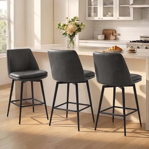 Image of CHITA Swivel Bar Stools, 27.2 inch Counter Height Bar Stools Set of 4, FSC Certified Upholstered Modern Counter Stools, Metal Legs, Faux Leather, Grey