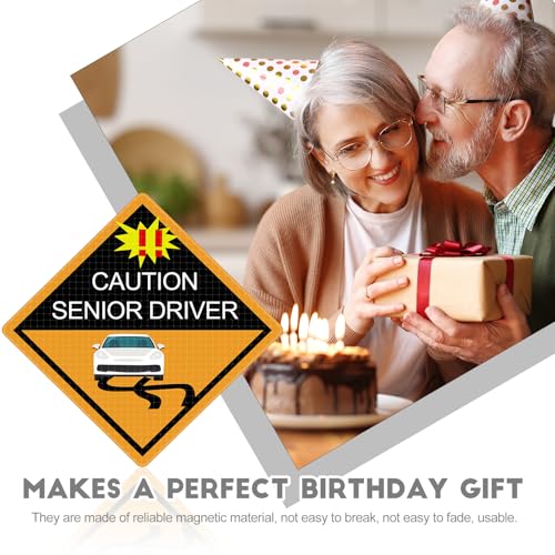 Image of Chunful 4 Pcs Funny Prank Caution Senior Driver Car Magnet Sign Gag Gifts Over The Hill Elderly Driver Magnet for Car Bumper Sticker 50th Grandma and Grandpa Birthday Gift Supply(Reflective)