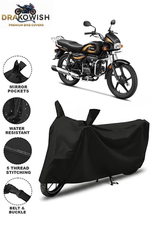 Image of DRAKOWISH Waterproof Bike Cover for Hero Splendor Plus | All Weather Protection from Rain, Dust, UV Rays & Scratches with Mirror Pockets & Buckle Belt | Splendor Bike Cover