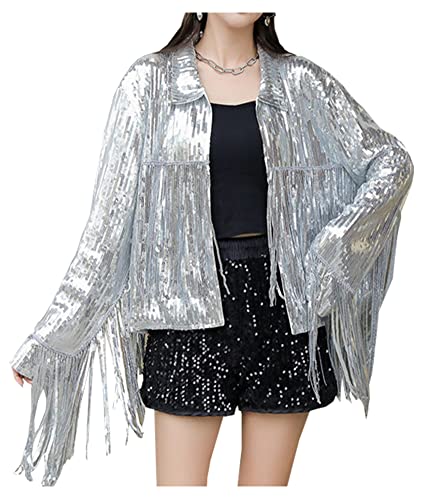 Image of LifeShe Women's Sequin Jacket With Tassel Open Front Cardigan Metallic Shiny Party Clubwear