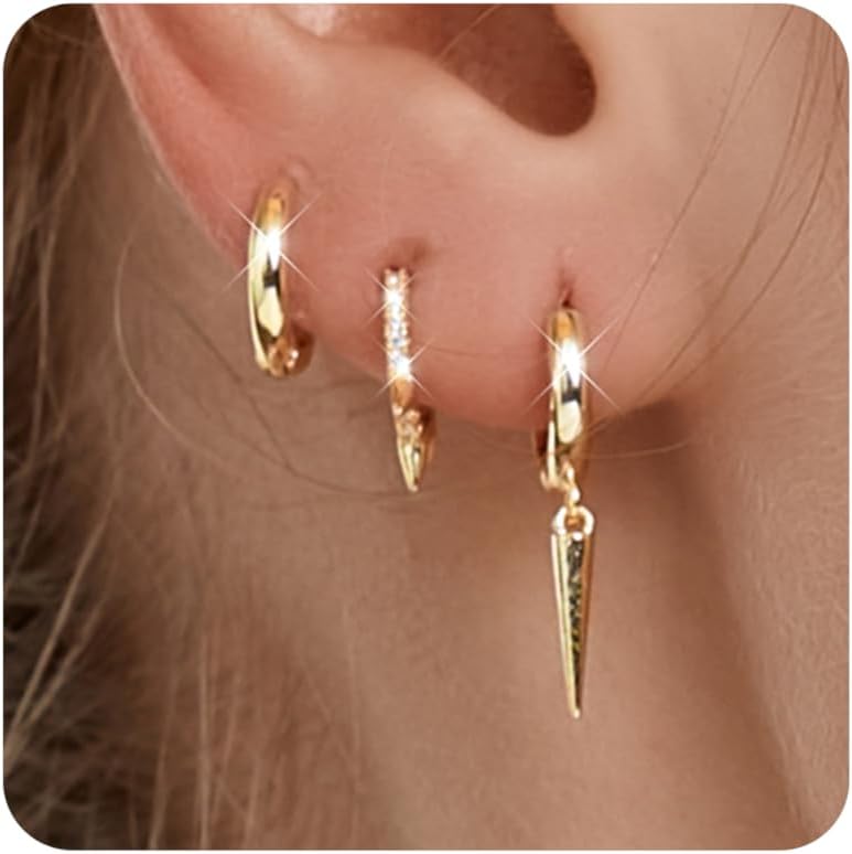 FANZE 3 Pairs Hoop Earrings for Women Dainty Chain Spike Gold Sliver Huggie Earring Set for Multiple Piercing Hypoallergenic Trendy Jewelry Gift