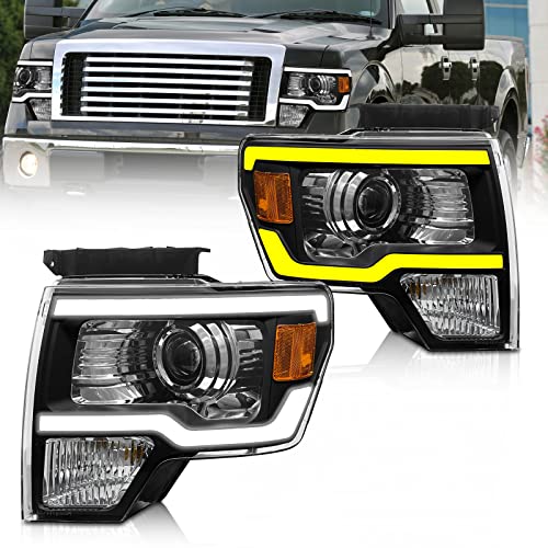 2009-2014 Ford F150 Pickup LED Tube Projector Sequential Turn Signal Headlight Assembly / 2009-2014Ford F150 LED Strips Black Housing Clear Lens H7 Projector Amber Reflector - Bulbs Included