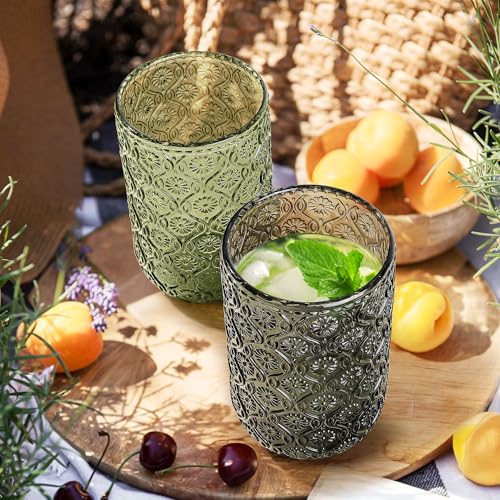Miniatura 7 de Joeyan 410ml Vasos De Cristal Agua Vintage, Juego De 4 Multicolor Vasos De Vidrio Grandes Con Relieve Floral, Cristalería Para Café,Té,Cerveza,Leche,Cócteles,Apto Lavavajillas Gris Verde Rosa Azul
