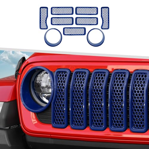 Image of 9PCS Headlight Cover & Front Grill Mesh Inserts Compatible with Jeep Wrangler JL JLU 2024-2025, NOT FIT JL Sport /Sport S (Blue)
