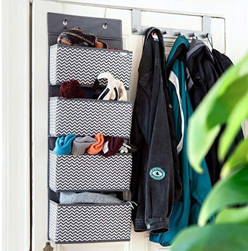 Navaris Over Door Storage Organiser - Fabric Hanging Storage Baskets Wardrobe Organiser with 4 Pockets for Toys, Shoes, Keys, Towels - Grey Zigzag
