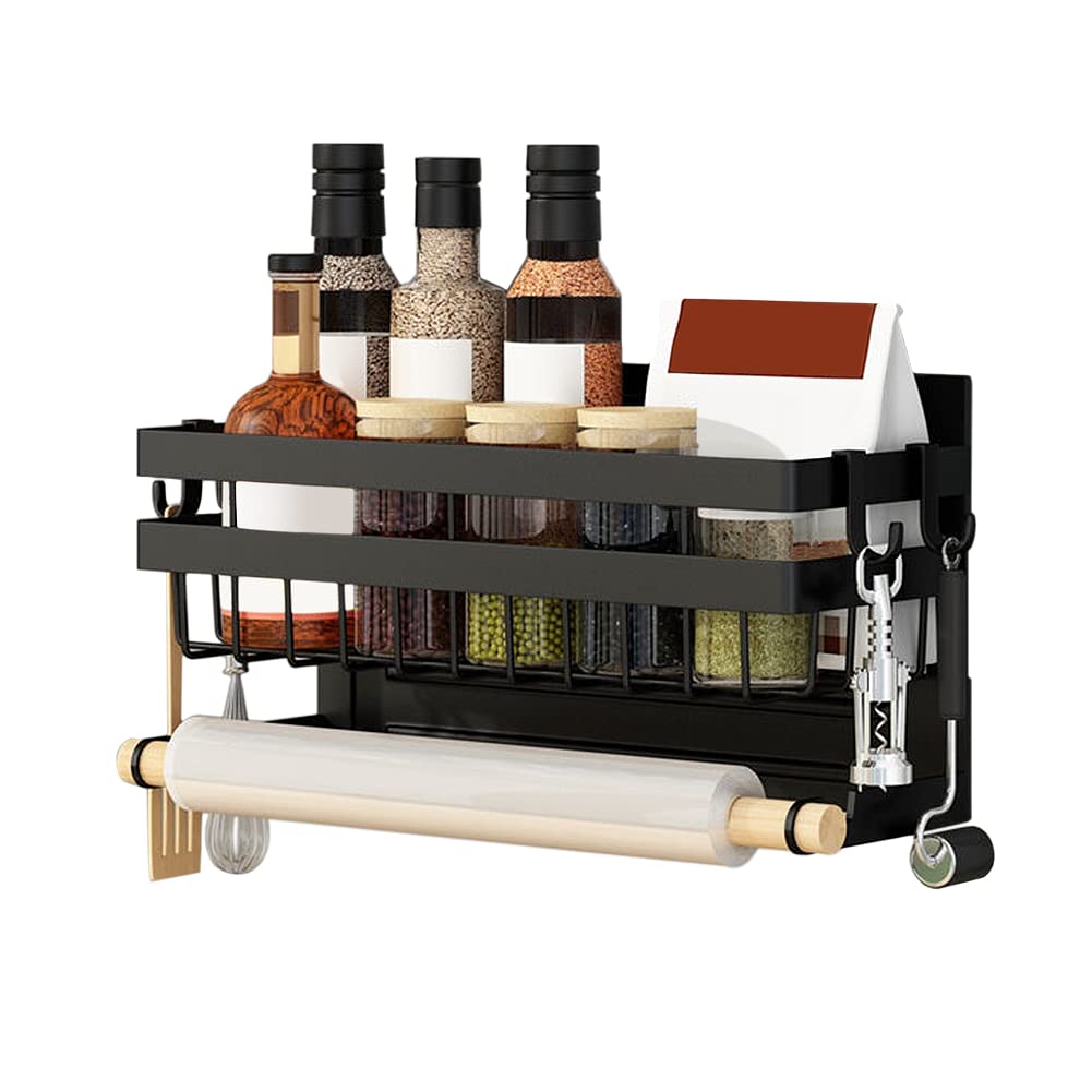 Redwestmelon Magnetic Fridge Spice Rack 2 Tier Kitchen Condiment Seasoning Storage Organizer Shelf, Refrigerator Side Rack with Paper Towel Holder and 4 Removable Mobile Hooks