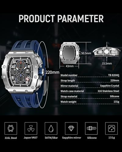 Image of TSAR BOMBA Men's Luxury Quartz Watch, Luminous Dial 5ATM Water Resistance Silicone Strap Men's Wristwatch Ideal Gift for Men