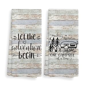 Camping Let the Adventure Begin Kitchen Towels and Dishcloths Sets of 2,Campsite Cabin RV Drying Cloth Hand Towels Tea Towels for Bathroom Kitchen,Campers Camping Lovers Adventurers Gifts,16×24 inches
