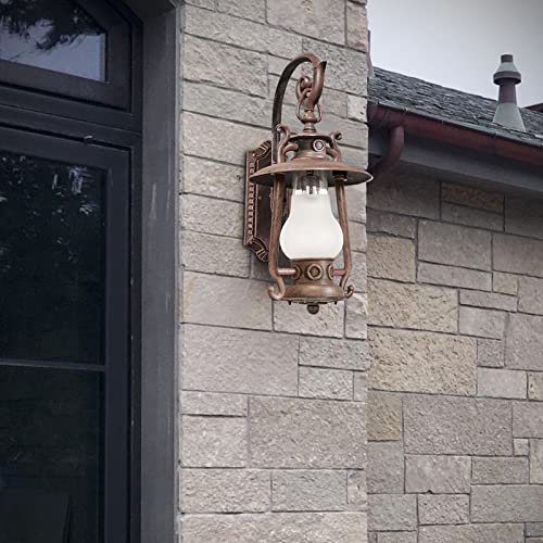 Gzbtech Outdoor Wall Lantern Light, 110V Large Exterior Rustic Oil Lantern Like Wall Mounted Sconce, Waterproof Vintage Lighting Fixture With Rust Red Finish & Frosted Shade For Porch Garage #TOP6