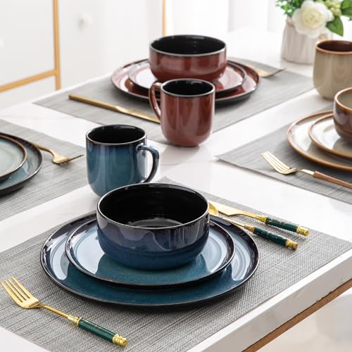 Image of LeRatio Ceramic Dinnerware Sets for 6,Porcelain Plates and Bowls Sets,Handmade Reactive Glaze Dishes Set,Chip Resistant and Scratch Resistant | Oven&Dishwasher & Microwave Safe)-Colorflu(18PCS)