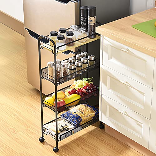 Kingrack 4-Tier Slim Rolling Cart,Metal Utility Cart,Slide Out Storage Cart With Wooden Tabletop And Mesh Baskets For Narrow Space On Kitchen Bathroom Laundry Room Bedroom Apartments Dormitory,Black #TOP7