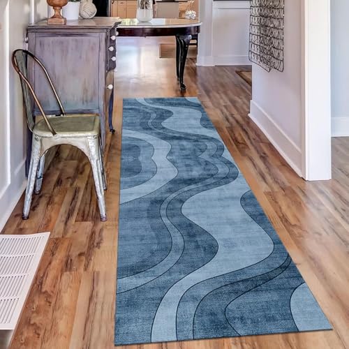 Tapis abstrait bleu 110x400 cm grand format de qualité supérieure