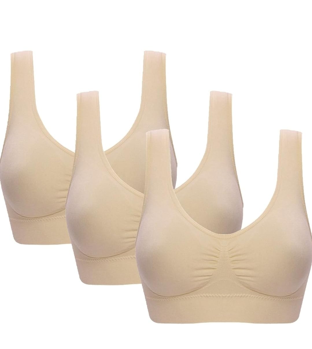 PBE 3 Pack Padded Comfort Bra Women Girls Crop Top Seamless Bralette Sleep Yoga Stretch Vest Wire Free - 3 Pack Nude - XXX Large