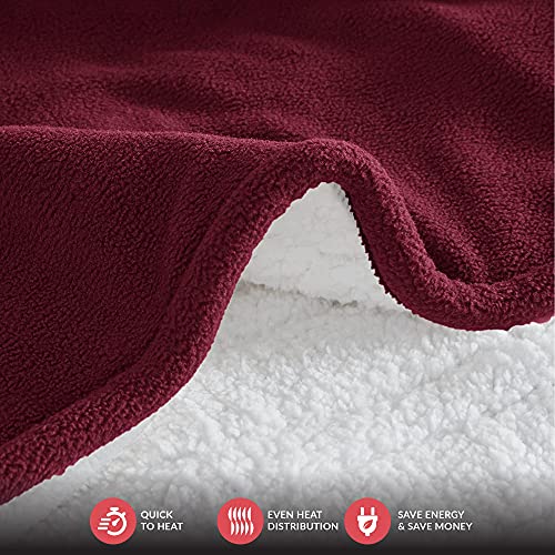 Serta Reversible Fleece To Sherpa Electric Blanket Fast Heating Soft Cover, Safety Auto Shut Off Timer, Low Emf, Multi Heat Setting, Etl Certified, Machine Washable, Berry Red Full (84"X 77") #TOP3