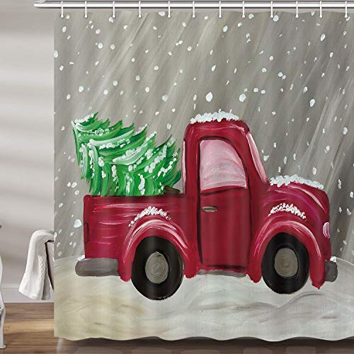 Cortina de chuveiro de decoração de caminhão vermelho natalino, carro vintage com abeto de árvore de