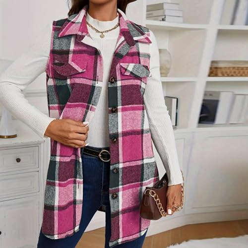 Plaid Vest for Women Sleeveless Button Down Long Cardigan Coat Casual Lapel Curved Hems Shackets Winter Cute Jackets2