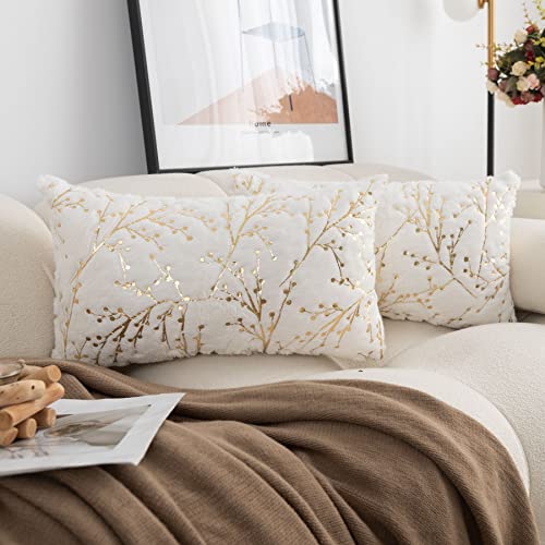 Ligicky Set Of 2 Decorative Lumbar Pillows Fluffy White Fur Pillow Coves Gold Branches Glitter Throw Pillows Soft Furry Sparkling Rectangle Cushion Cases For Sofa Bedroom Party Décor 12X20Inch #TOP1