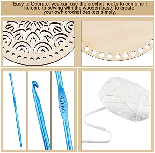 PandaHall Crochet Basket Bottom Kit, 2pcs 7.8" Round Natural Wood Knitting Base Blank Hollow Carved 1pc 4mm Aluminum Crochet Hook 1 Roll 40 Yard 9mm White Cloth Yarn for DIY Craft, 6/8.5mm Hole