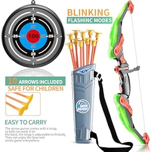TEMI Bow and Arrow Set for Kids - Archery Toy Set - LED Light Up with Suction Cup Arrows, Target & Quiver, Indoor and Outdoor Toys for Children Boys Girls TEMI Bow and Arrow Set for Kids Archery Toy Set LED Light Up with Suction Cup Arrows Target Quiver Indoor and Outdoor Toys for Children Boys Girls