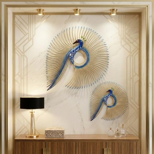 Image of SNS DECOR Alluring Metal Peacock Set of 2 Wall Art Decorations | Perfect 3D Wall Sculpture For Living Room, Bedroom, Drawing Room & Office-Blue Finish (Big-20x22inch, Small-14x17inch)