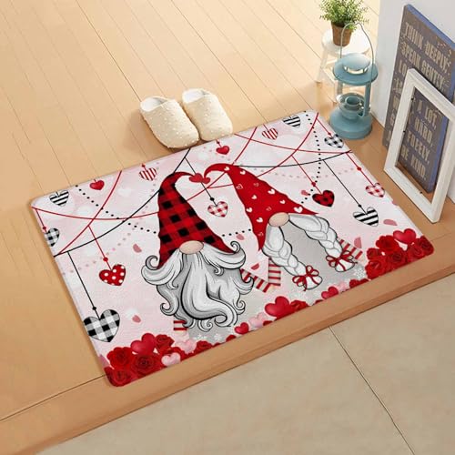 Love Gnomes Kitchen Bath Door Mat Cushioned Runner Rug,Washable Welcome Floor Sink Antifatigue Mat,Waterproof & Non-Slip Comfort Standing Doormat,Valentine's Day Red Rose Flower Dots 20