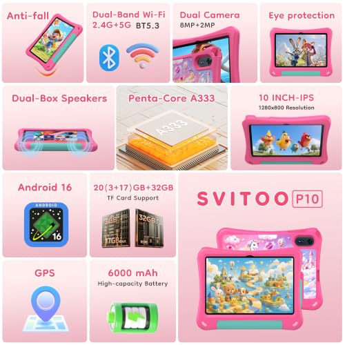 Image of SVITOO Kids Tablet 10 Inch, Android 16 Parental Controls, Pink Unicorn Case