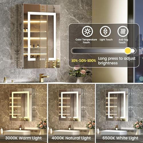 MODCART 16"x24" LED Lighted Bathroom Medicine Cabinet with Mirror, Recessed or Surface Mounted Medicine Cabinet with LED Lights, Adjustable Glass Shelves, Defogger, Easy to Install, Aluminum Frame by MODCART - Image 4
