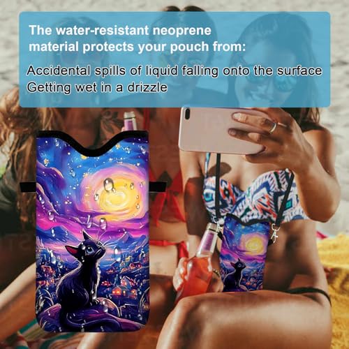 Image of Neoprene Cell Phone Sleeve Pouch Case Bag with Crossbody Strap Neck Lanyard for Women 7.1 X 3.9 in Cat Sky