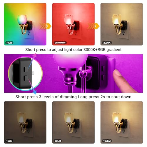 Image of JandCase Night Light, Color Changing Night Lights Plug into Wall RGB | Glass Tulip LED Nightlight, Dimmable Flower Nightlights, Dusk to Dawn Sensor, 180 Rotating Vintage Nite Light for Bathroom