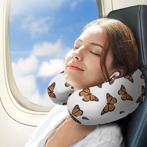 Image of Pain Relief Travel Neck Pillow Butterfly Flying, Memory Foam U Shaped Support, Breathable Zip Cover for Airplane Car Office Men Women
