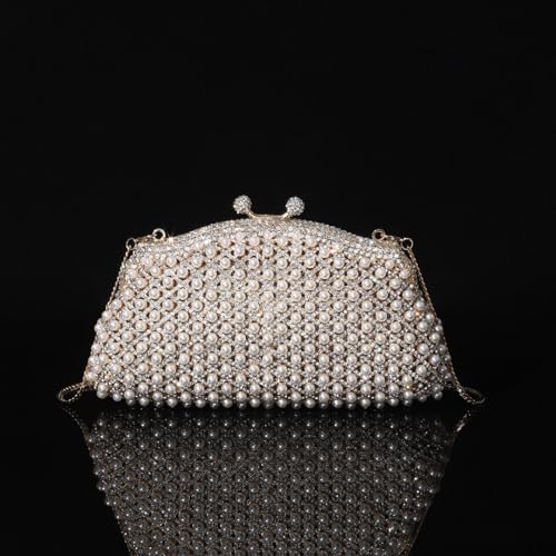 Pochette de soirée rigide anti-rayures avec perles et chaîne d'épaule