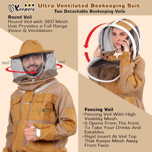 Image of 3-Layer Ultra Ventilated Sting Proof Bee Suit for Men & Women - Premium Beekeeping Suit with Bee Gloves & Two Detachable Beekeeping Veils (Brown S)