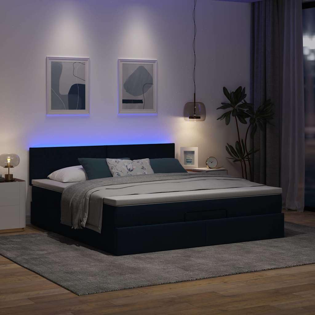 Cama otomana con colchón, 160 x 200 cm, cama de almacenamiento, en color azul, LED, cabecero de invitados, cama de invitados, comodidad para jóvenes y adultos, para dormitorios y habitaciones