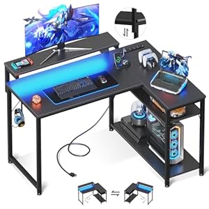 MOTPK L Shaped Gaming Desk with Power Outlet, Reversible Gaming Desk with Height Adjustable Monitor Stand, Gaming Computer Desk 43inch with LED Lights, Home Office Desk, Black